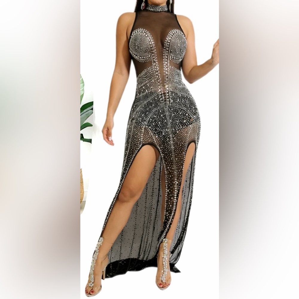 NWT Rhinestone Maxi Dress Slit Leg Sleeveless Bodycon Fits Beautifully S